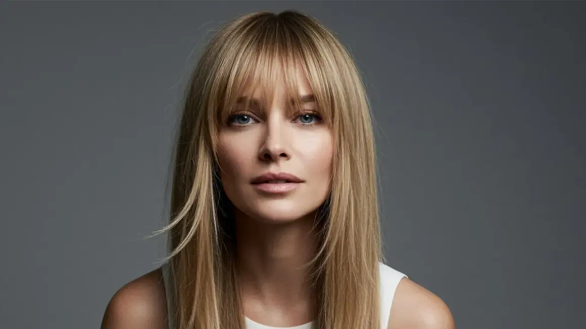 Blonde Frau mit Curtain Bangs, die ihr Gesicht umrahmen. Ihr Blick ist direkt in die Kamera gerichtet.