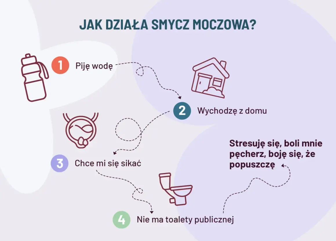 Ilustracja wyjaśnia, jak działa smycz moczowa: piję wodę, wychodzę z domu, chcę mi się sikać, a nie ma toalety. Stresuję się, boli mnie pęcherz.