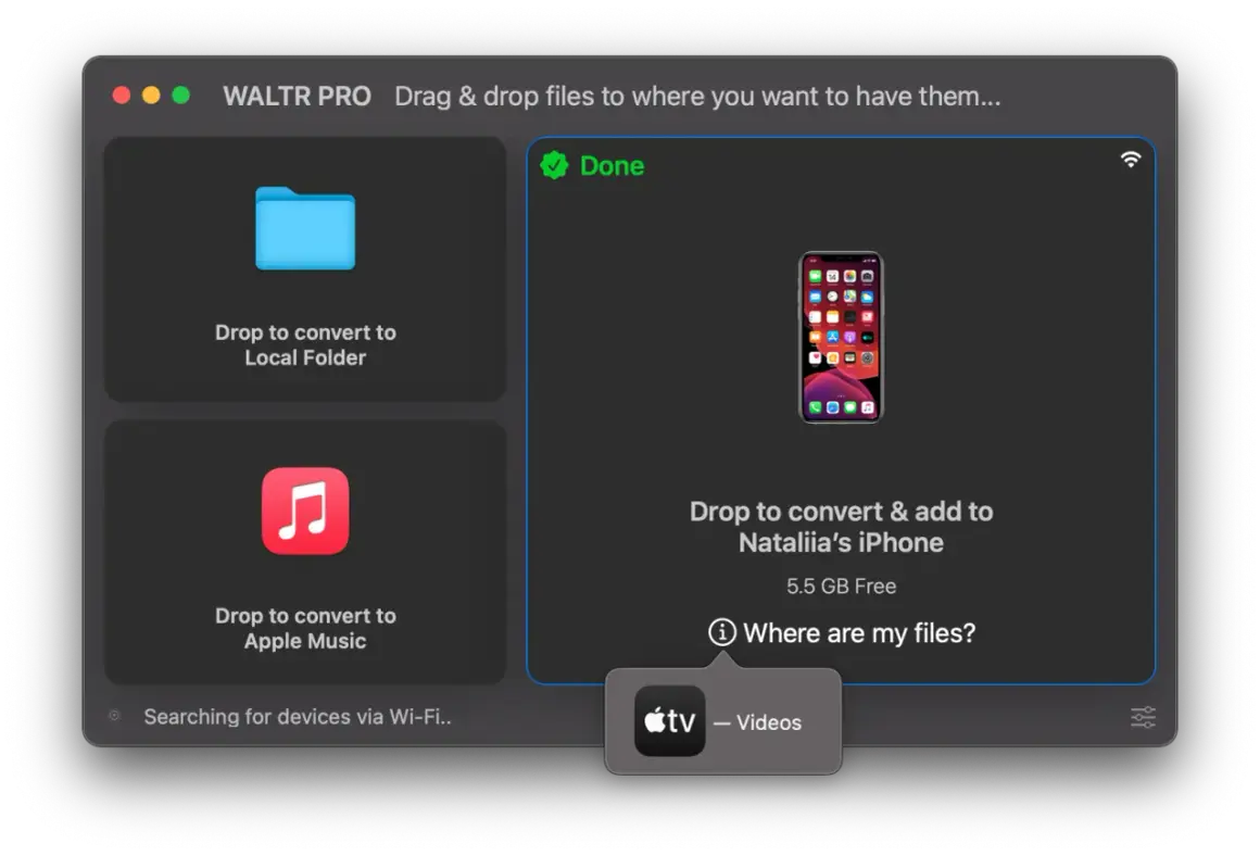 WALTR PRO interface shows options to convert files to a local folder, Apple Music, or an iPhone. This is useful for converting files like an MPG file.