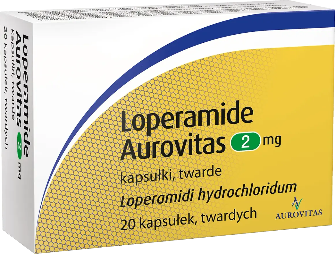 Opakowanie leku Loperamid Aurovitas 2 mg, zawierające 20 kapsułek twardych. Szybka ulga w dolegliwościach.