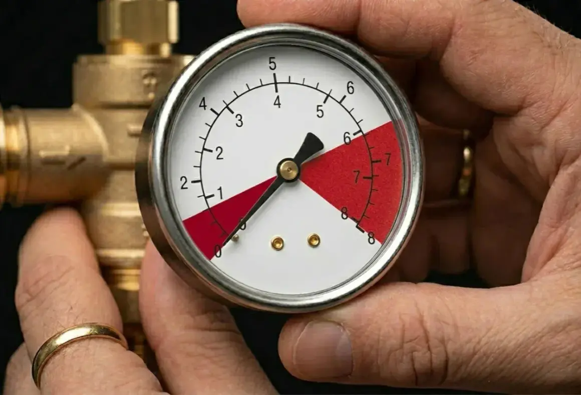 Manomètre indiquant une pression d'eau trop élevée. Que faire ? Le cadran montre une aiguille dans la zone rouge.