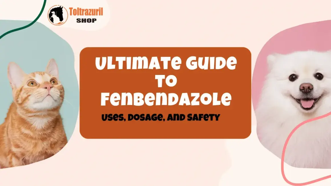 Pomarańczowy kot i biały pies obok napisu "ULTIMATE GUIDE TO FENBENDAZOLE".