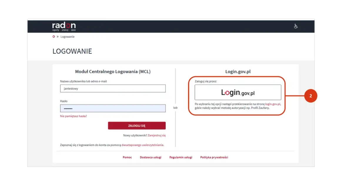 Formularz logowania. Wpisz login i hasło, aby się zalogować. Możesz też użyć logowania przez Login.gov.pl.