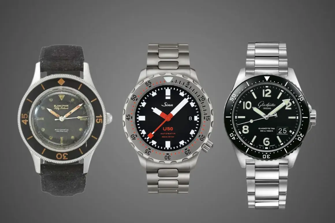 Tre orologi subacquei iconici: Blancpain, Sinn U50 e Glashütte. Il loro significato come "tool watch" è la robustezza e l'affidabilità.