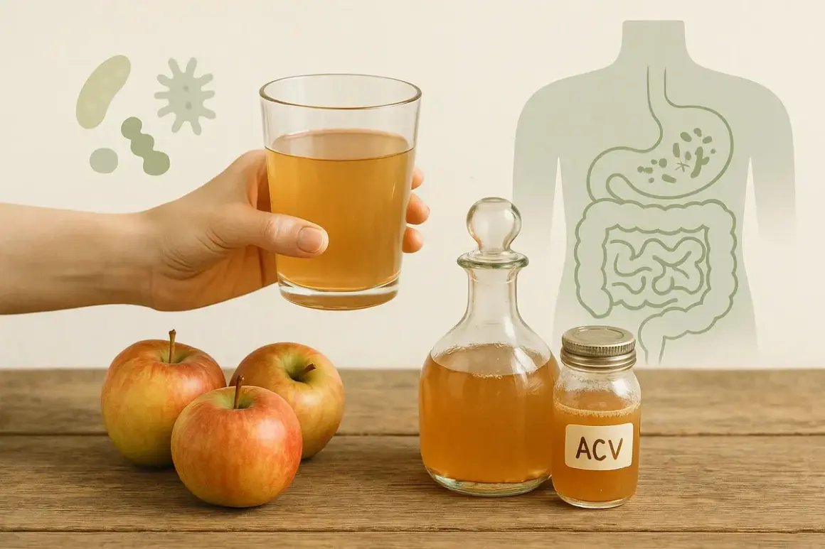 Apfelessig für die Leber: Ein Glas Apfelessig, Äpfel und eine Darstellung des Verdauungssystems.
