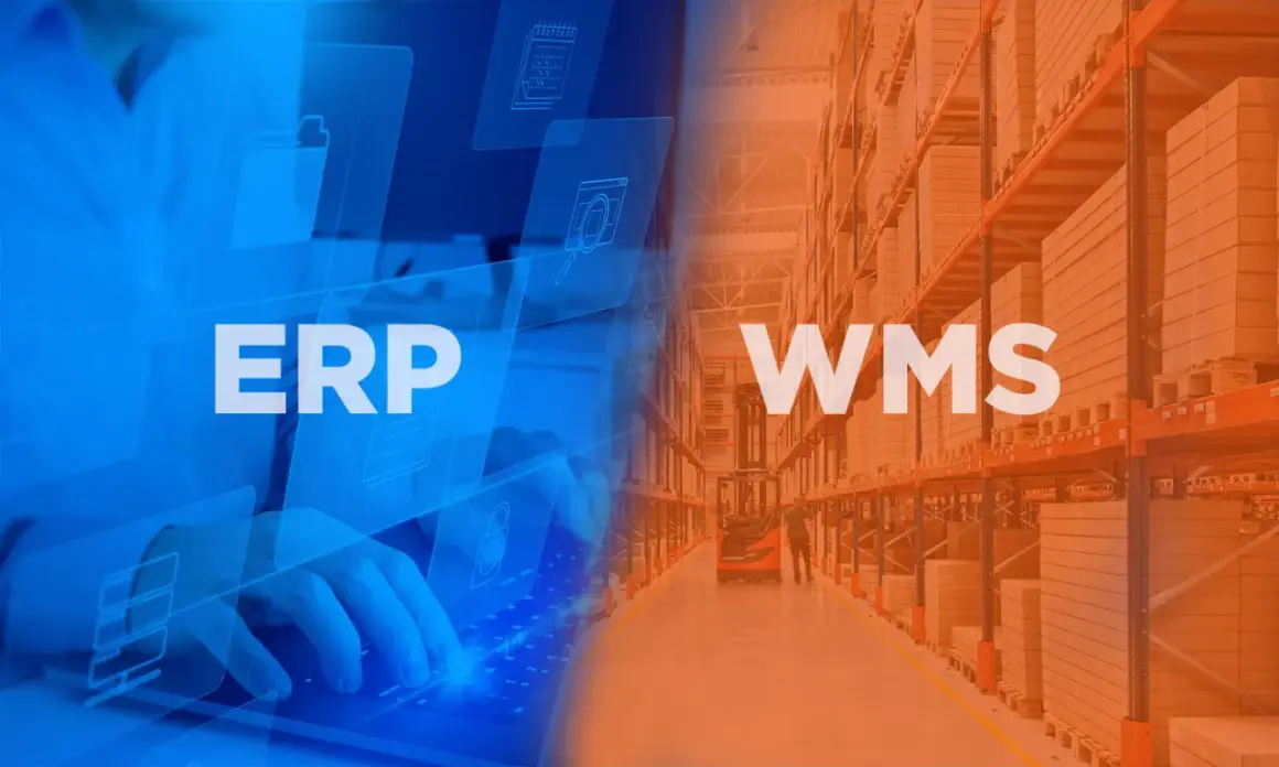 ERP i WMS - kluczowe systemy dla nowoczesnej logistyki. Wizualizacja pokazuje zarządzanie danymi i magazyn.