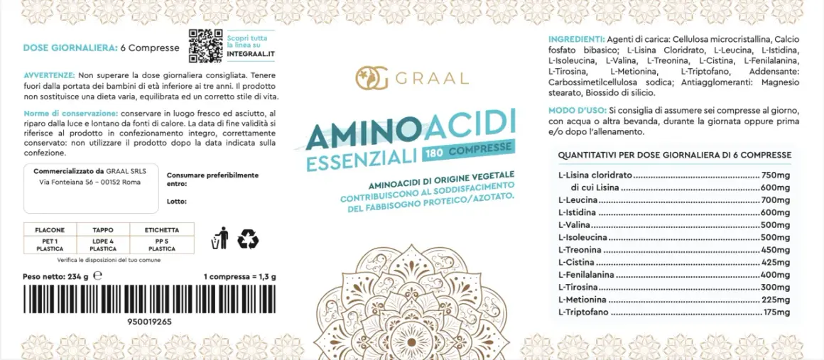 Integratori di aminoacidi essenziali quali sono: L-Lisina, L-Leucina, L-Istidina, L-Isoleucina, L-Valina, L-Treonina, L-Cistina, L-Fenilalanina, L-Tirosina, L-Metionina, L-Triptofano.