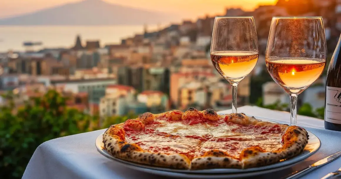 Idealne jakie wino do pizzy? Na tle zachodzącego słońca nad Neapolem, Margherita i dwa kieliszki różowego wina.