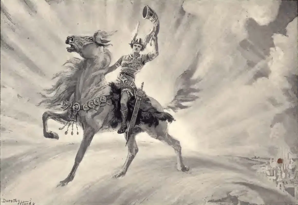 Heimdall na koniu, z hełmem i mieczem, dmie w róg, zapowiadając Ragnarök.