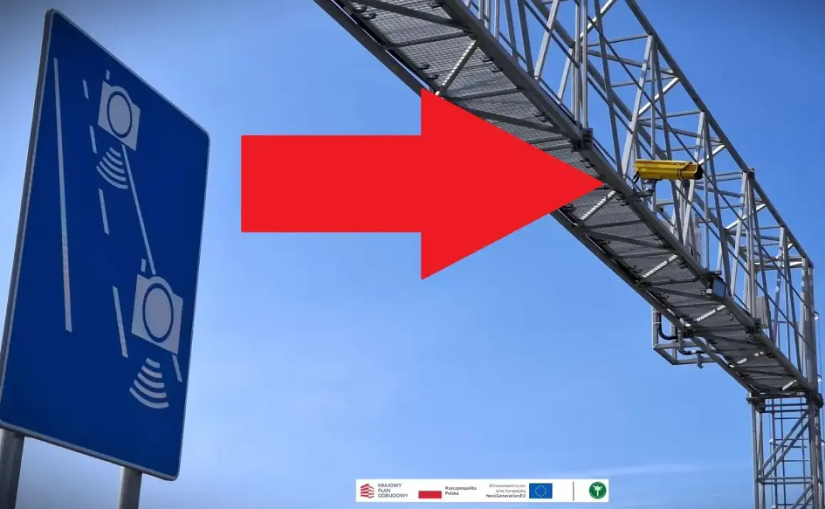 Niebieski znak informuje o odcinkowym pomiarze prędkości S7. Czerwona strzałka wskazuje na żółtą kamerę zamontowaną na konstrukcji nad drogą.