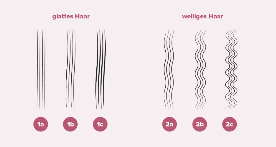Vergleich von glattem und welligem Haar zur haardicke bestimmen. Verschiedene Abstufungen von 1a bis 2c.