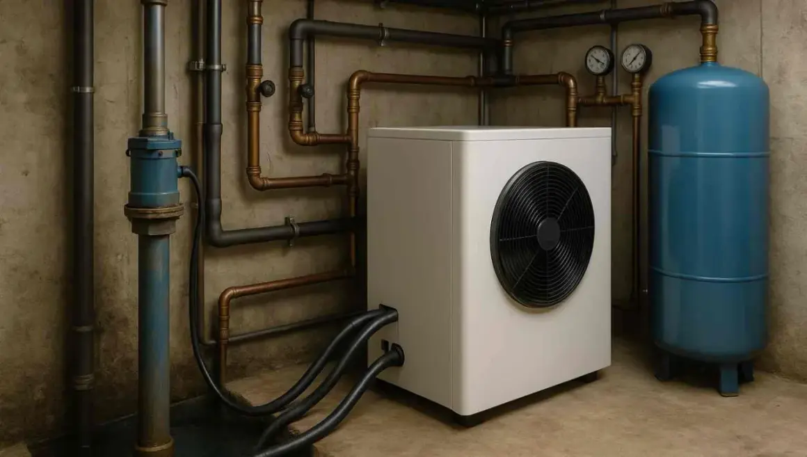 Système de chauffage moderne avec unité extérieure blanche, réservoir bleu et tuyauterie complexe pour un raccordement chaudière gaz efficace.