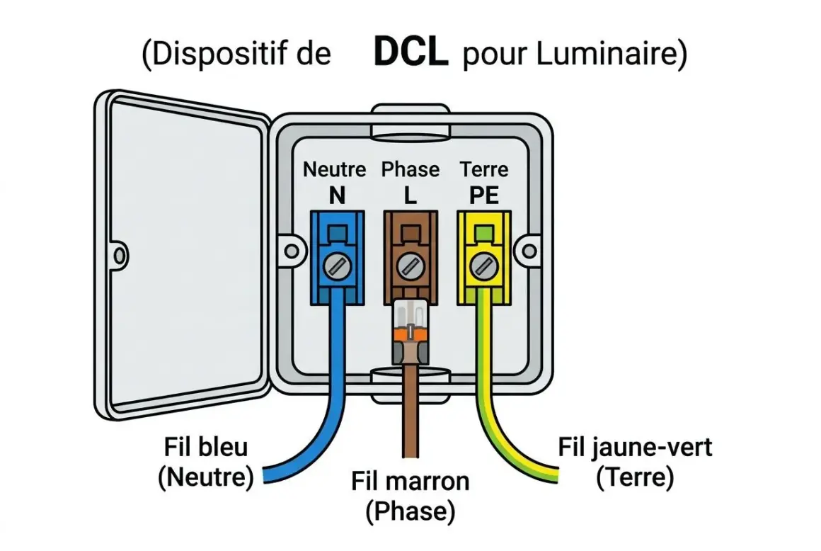 Schéma pour installer boitier DCL : fil bleu (neutre), marron (phase) et jaune-vert (terre) connectés.
