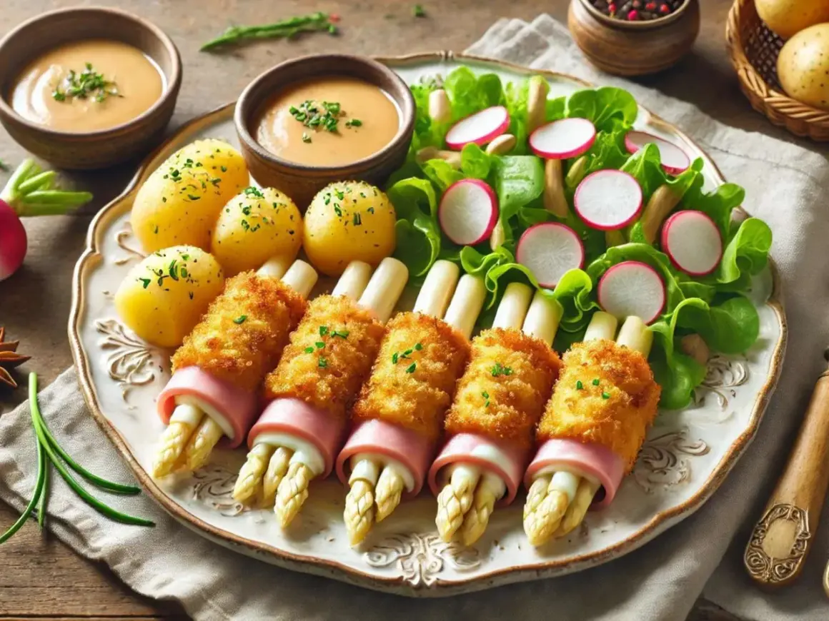 Knuspriges Spargel Cordon Bleu mit Schinken, dazu Salzkartoffeln, Salat und Sauce.
