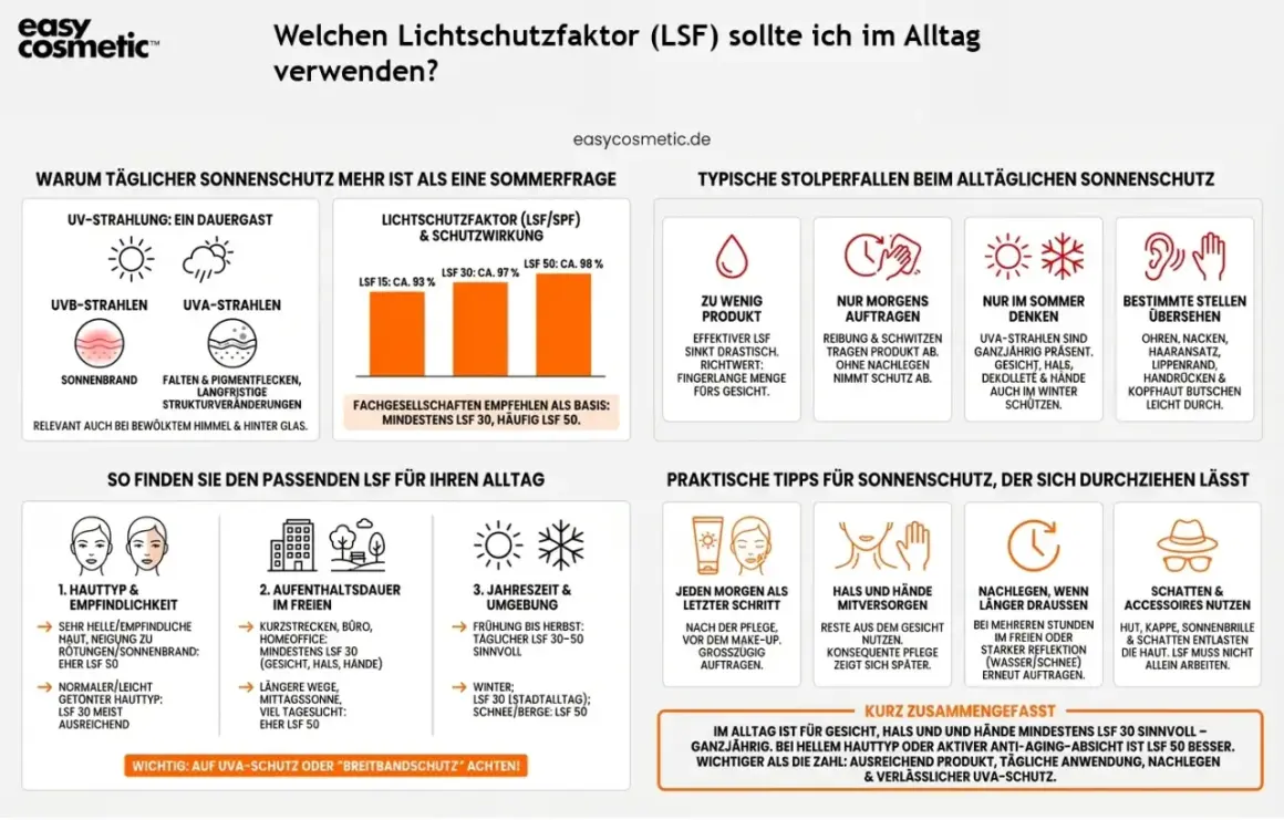 Sonnenschutz: LSF 30 oder 50 für Gesicht, Hals & Hände ganzjährig empfohlen. Bei hellem Hauttyp oder Anti-Aging LSF 50.