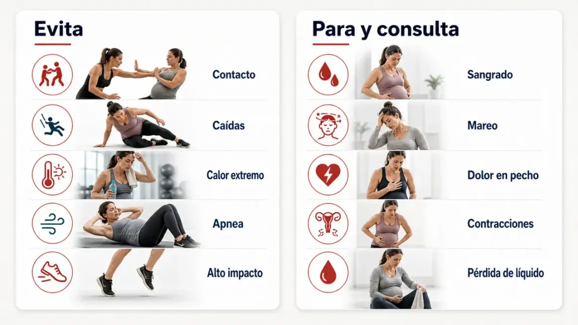 Guía de deporte para embarazadas: evita contacto, caídas, calor, apnea y alto impacto. Consulta por sangrado, mareo, dolor, contracciones o pérdida de líquido.