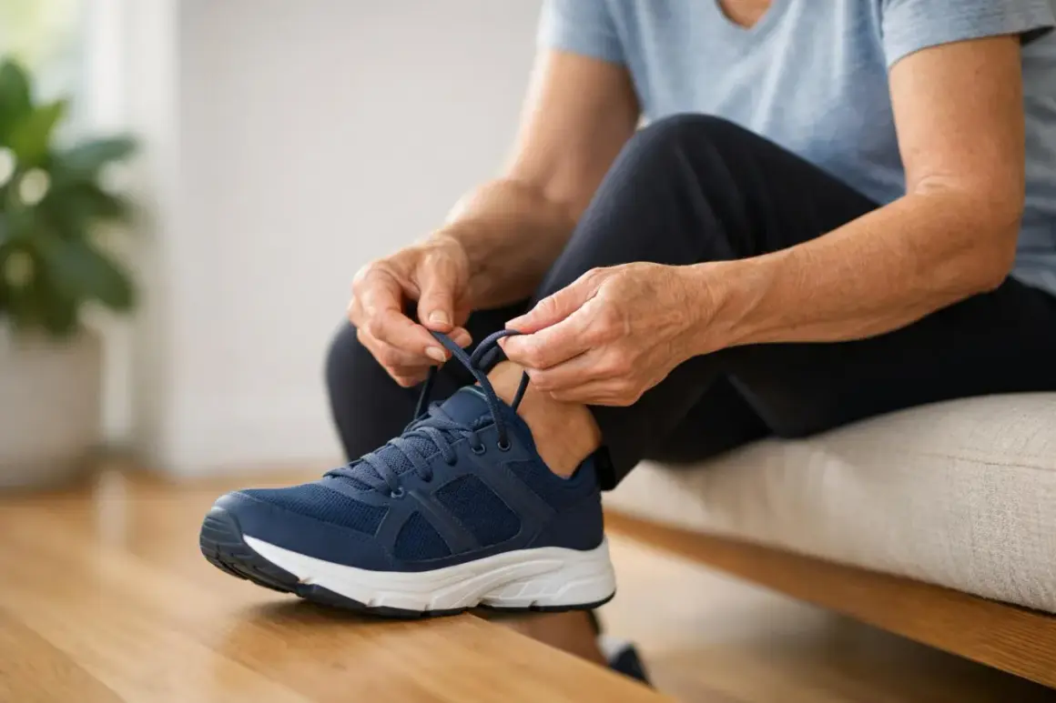 Mani anziane allacciano scarpe blu, affrontando la mancanza equilibrio gambe per un passo sicuro.