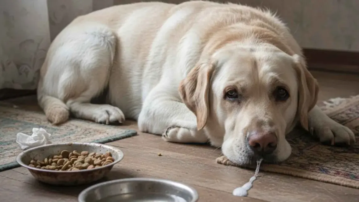 Labrador triste y enfermo, con espuma saliendo de su boca. Parece que mi perro no para de vomitar.