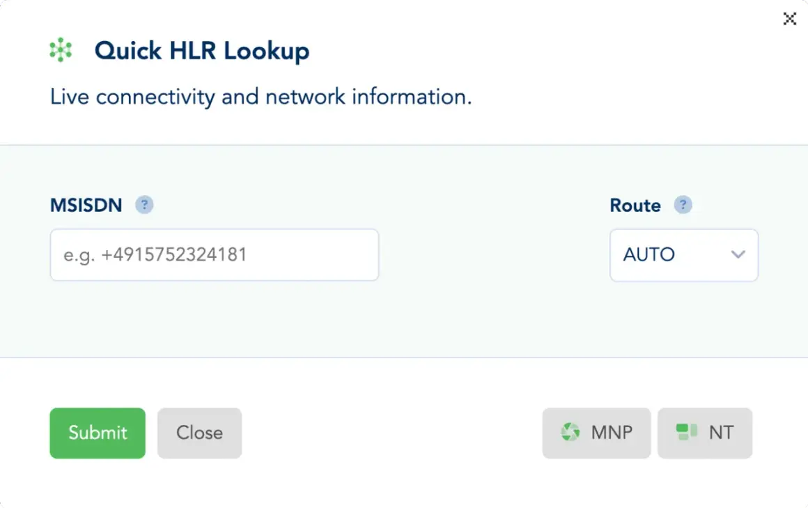 Formularz "Quick HLR Lookup" z polem na wpisanie numeru MSISDN, np. +4915752324181, i wyborem trasy AUTO.