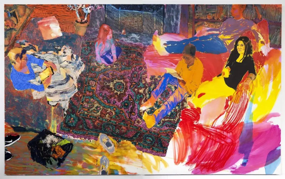 Vibrant contemporary figurative art depicts a family gathered in a colorful living room, with a child reading on a patterned rug.