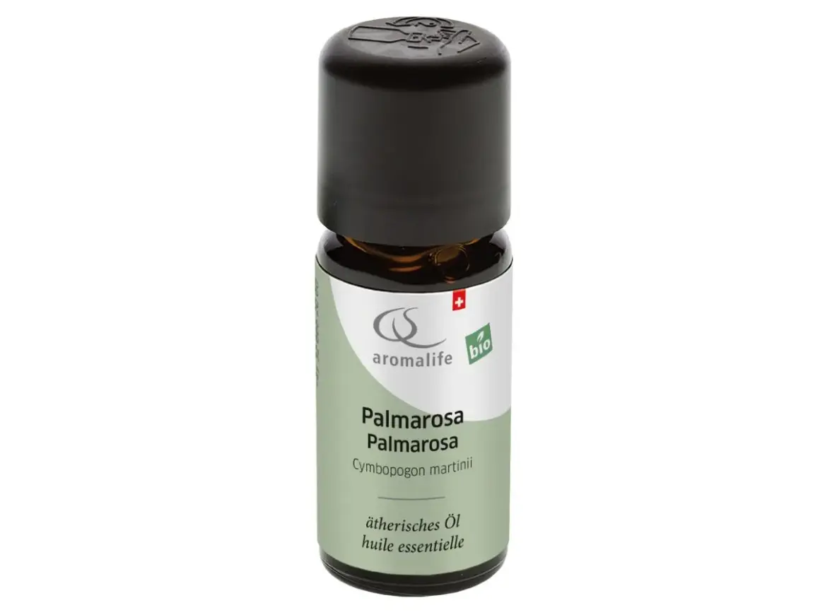 Kleine Flasche ätherisches Palmarosa Öl. Die **Palmarosa Wirkung Psyche** wird durch den Duft positiv beeinflusst.