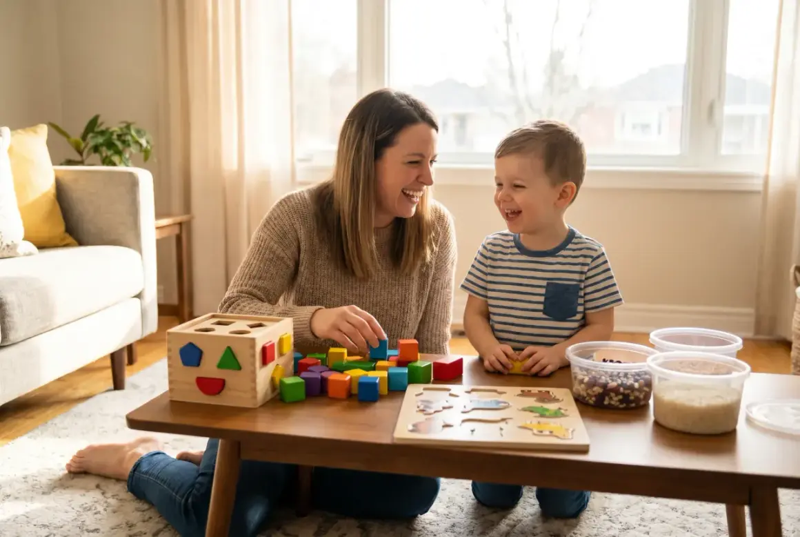 Mama i syn śmieją się, bawiąc kolorowymi klockami i sorterem kształtów. To wspaniałe zabawki stymulujące rozwój dziecka.