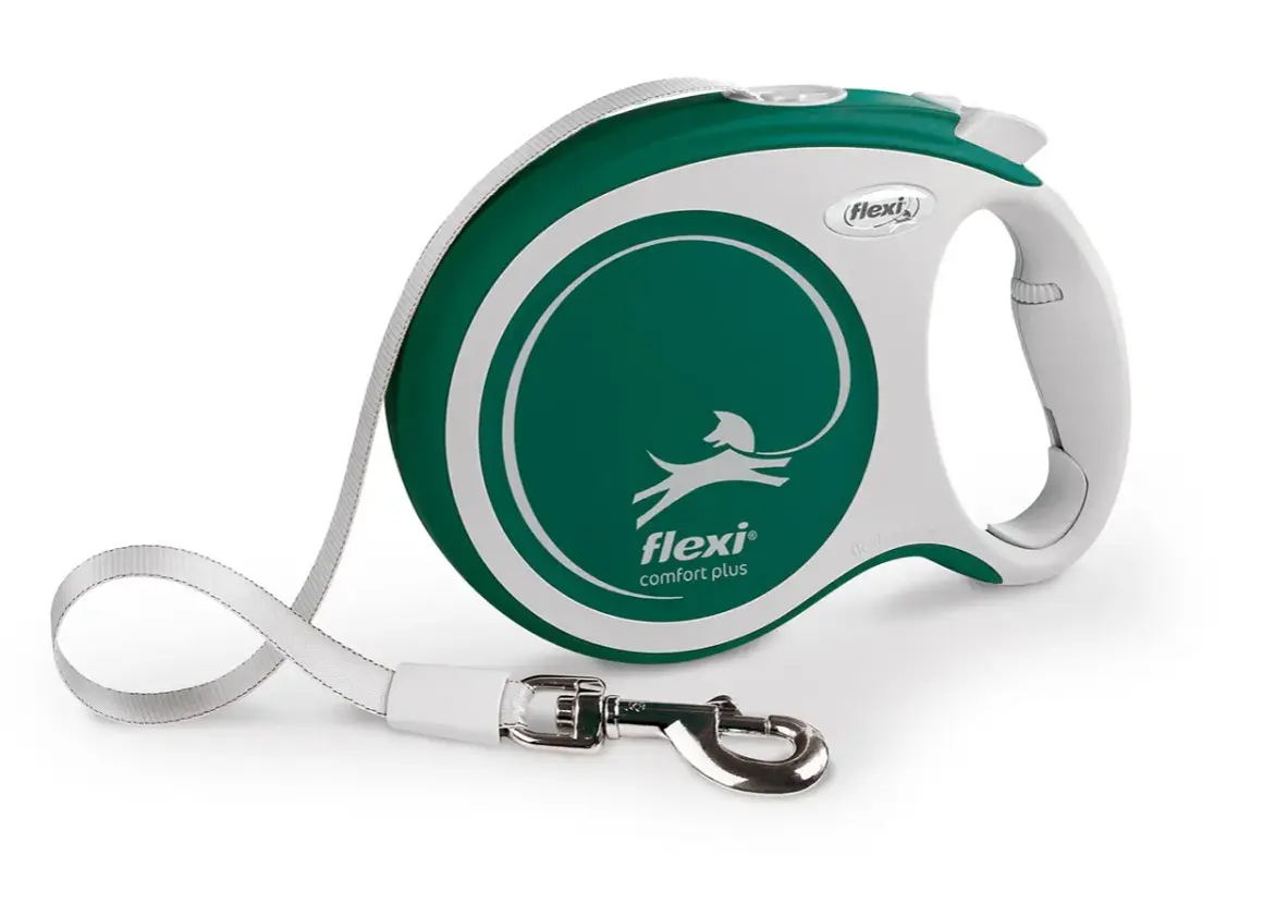 Laisse à enrouleur Flexi Comfort Plus verte et blanche, avec un chien stylisé. Idéale pour les promenades de votre compagnon.