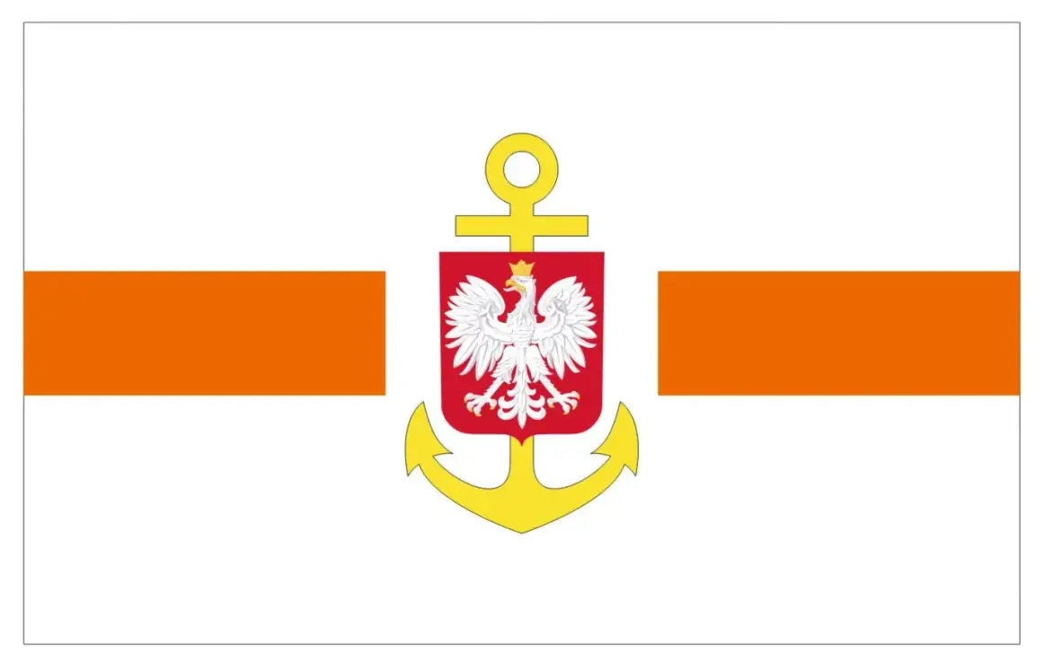 Flaga na statku z orłem w koronie i kotwicą. Dwa pomarańczowe pasy po bokach.