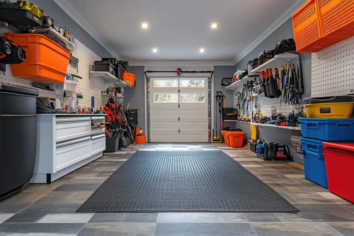 Un garage ordinato con pareti grigio-azzurro e arancioni contenitori. Ottima ispirazione su di che colore pitturare il garage per un look moderno e funzionale.