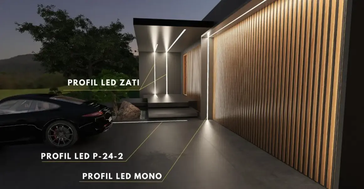 Nowoczesna willa z eleganckim oświetleniem. Profil LED w podbitce podkreśla architekturę, a pionowe linie światła na drewnianej elewacji tworzą przytulną atmosferę.