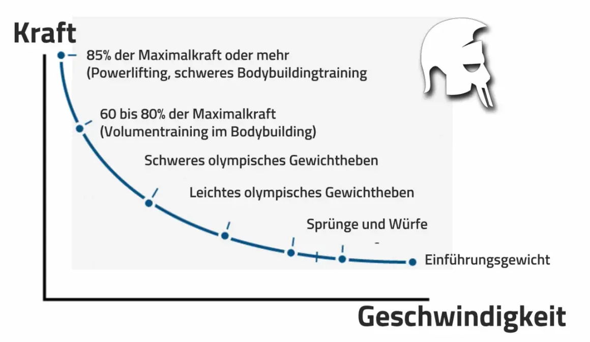 Kurve zeigt: Hohe Kraft (85%+) für Muskelaufbau durch schweres Bodybuildingtraining, geringere Kraft für Geschwindigkeit.