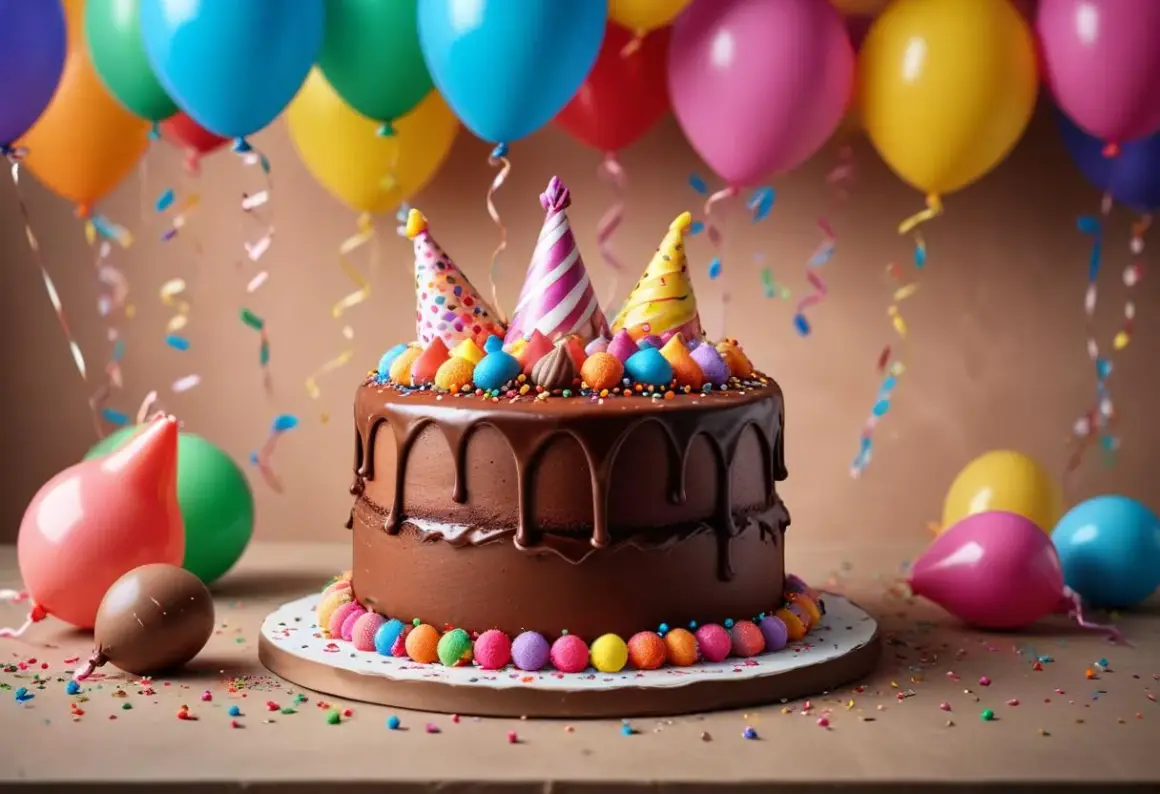 En härlig chokladtårta med färgglada partyhattar och dekorationer, perfekt för en barnkalas. Ballonger och konfetti skapar en festlig stämning.