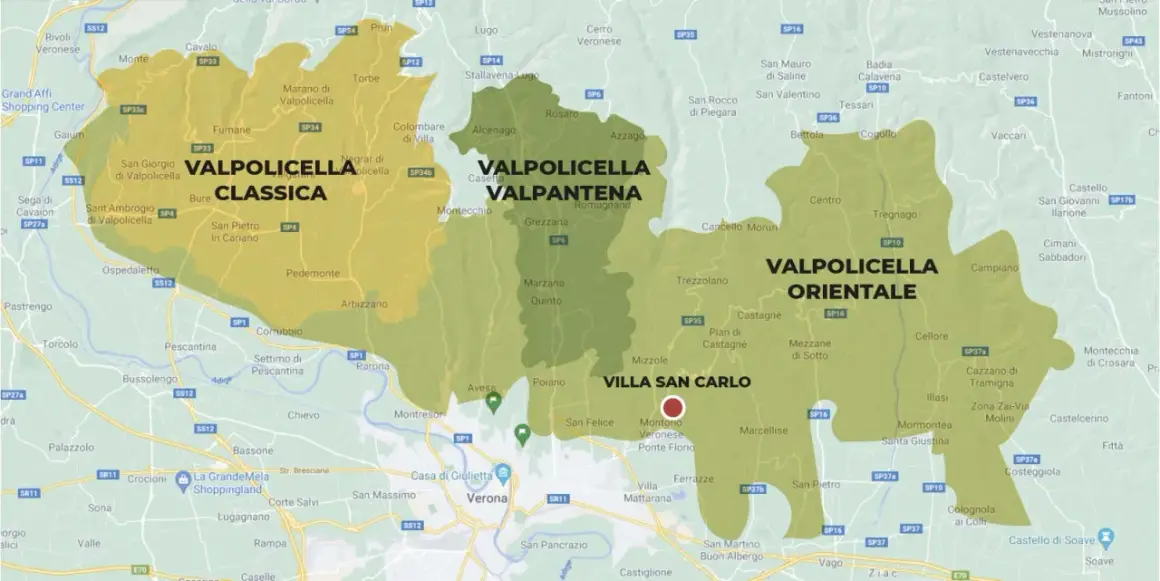 Valpolicella: Classica, Valpantena e Valpolicella Orientale, zone vinicole vicino a Verona.
