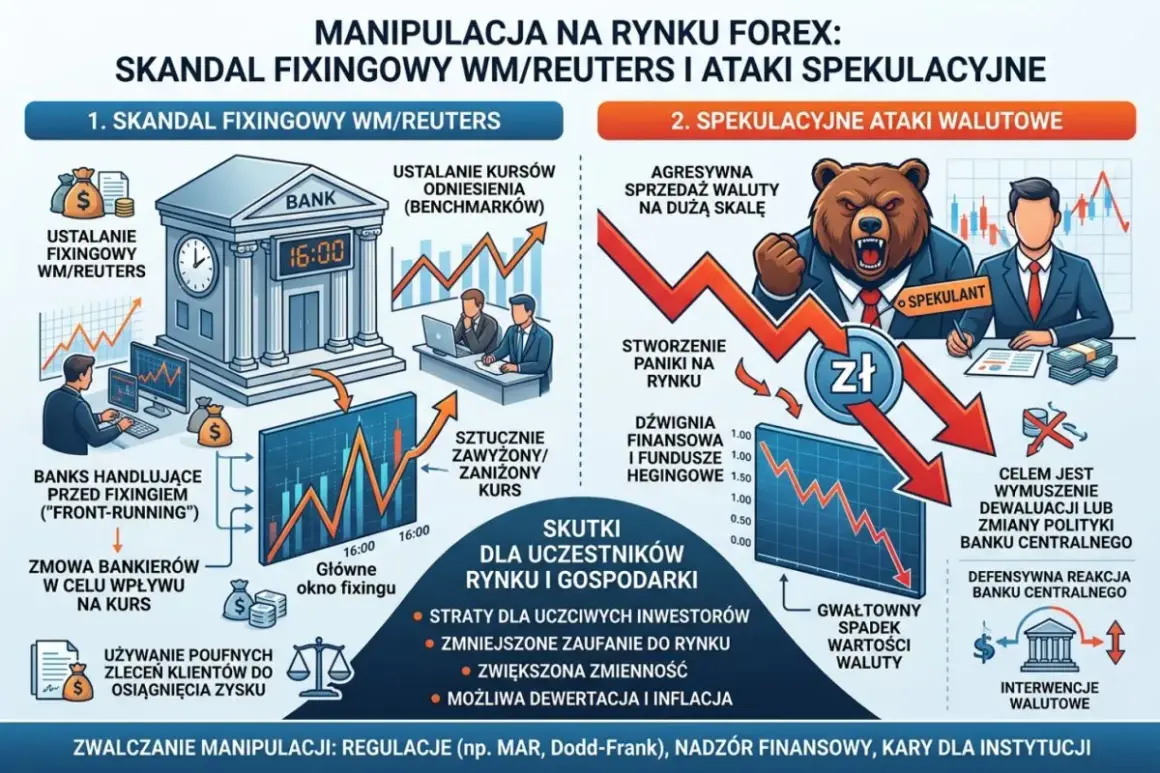 Ilustracja pokazuje, jak działa forex, przedstawiając manipulacje na rynku: skandal fixingowy i ataki spekulacyjne.