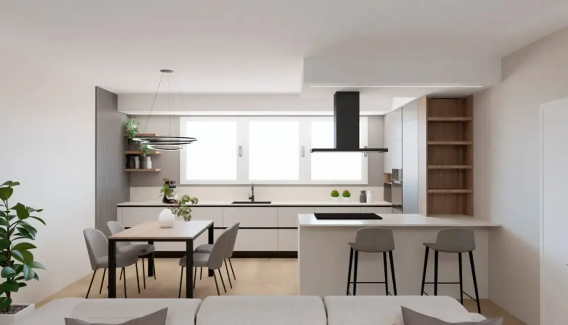 Elegante cucina open space con isola, bancone snack, tavolo da pranzo e cappa nera.