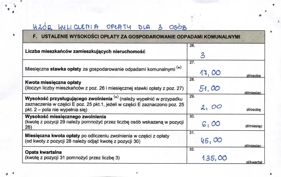 Deklaracja o wysokości opłaty za gospodarowanie odpadami komunalnymi dla 3 osób, z wyliczoną miesięczną i kwartalną opłatą.