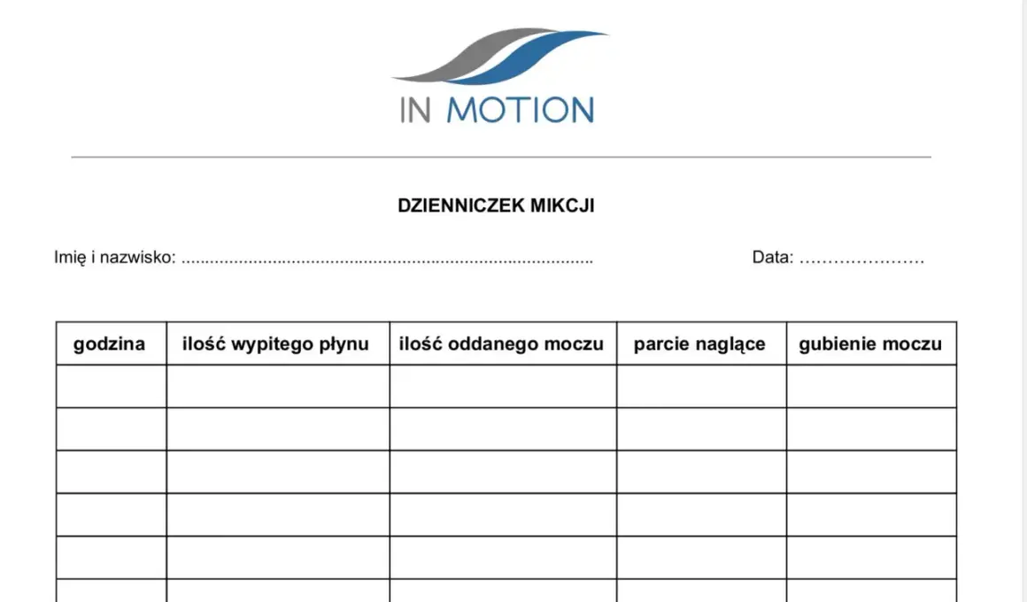 Dzienniczek mikcji do zapisywania ilości wypitego płynu, oddanego moczu, parć naglących i gubienia moczu.
