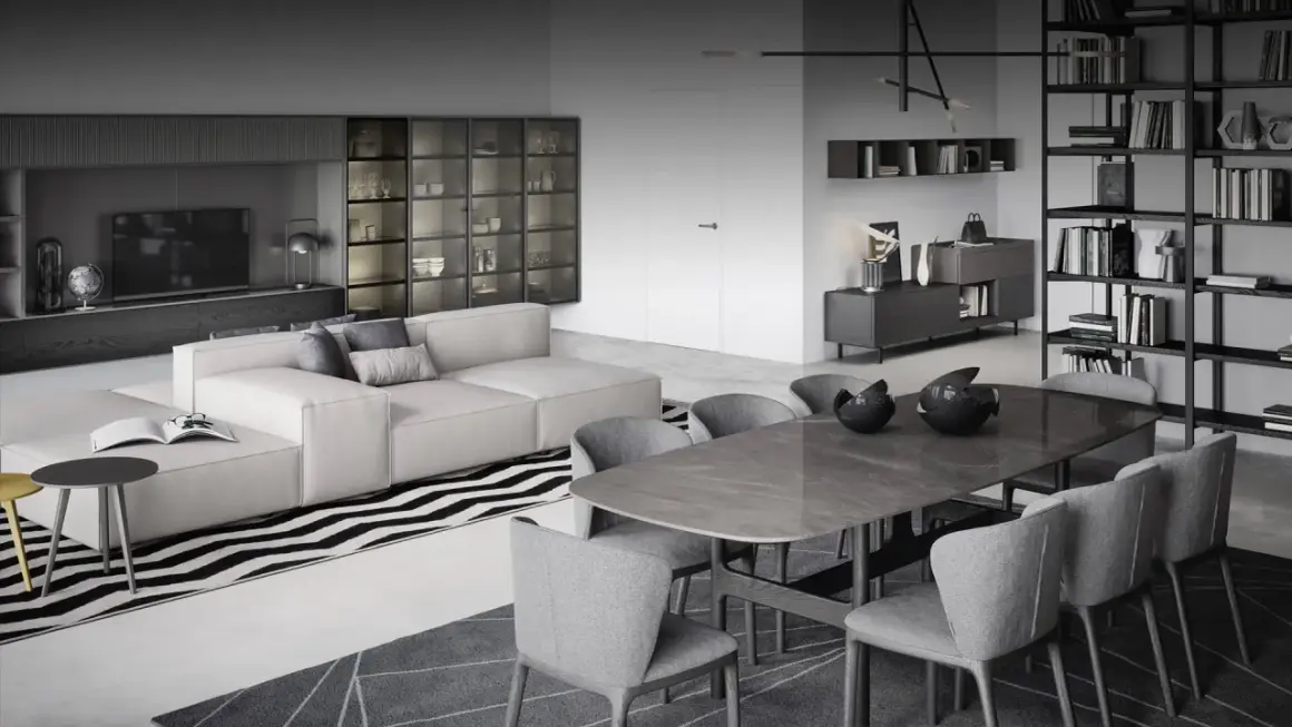 Stilvoller Wohn- und Essbereich mit moderner Trennung: Ein beiges Sofa und ein Esstisch mit grauen Stühlen schaffen eine elegante Atmosphäre.