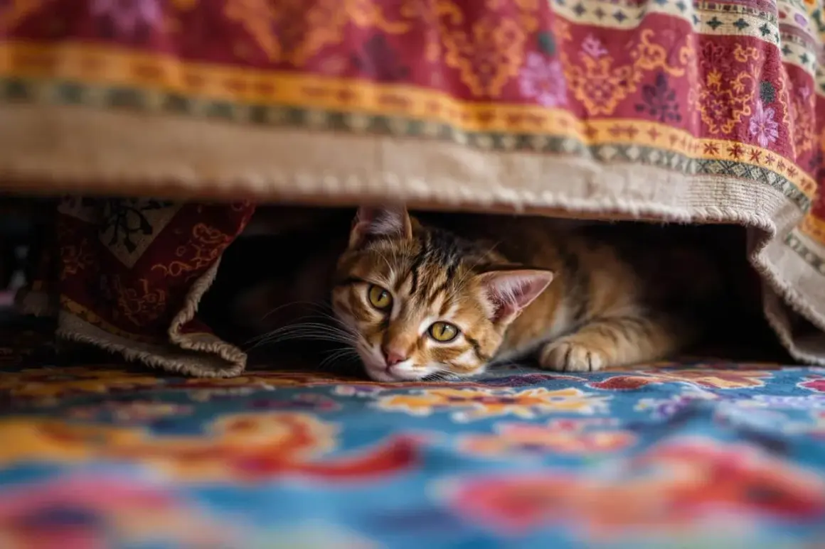Un chat tigré aux yeux d'or se cache sous une couverture ornée, l'air pensif. Le chat sent-il sa mort venir, ou juste une sieste ?