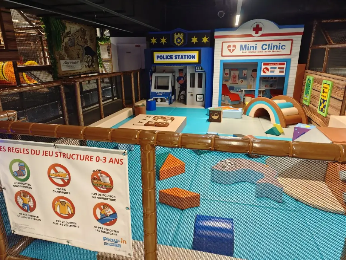 Aire de jeu pour enfants à Paris avec une station de police, une mini-clinique et des structures ludiques. Sept carrés colorés pour le jeu.