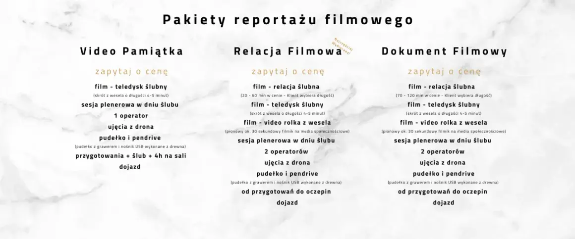 Trzy kolumny z pakietami usług filmowych: Video Pamiątka, Relacja Filmowa, Dokument Filmowy.