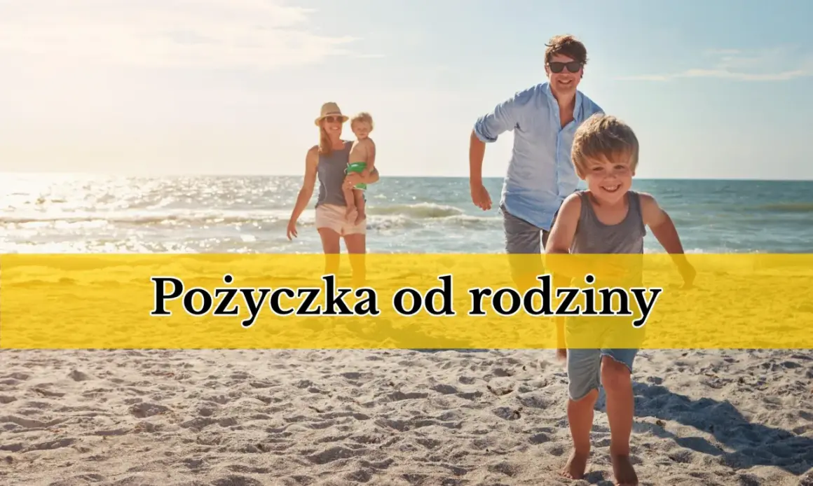Szczęśliwa rodzina na plaży. Czy pożyczkę od rodziców trzeba zgłaszać? Słońce, morze i piasek tworzą idealne tło.