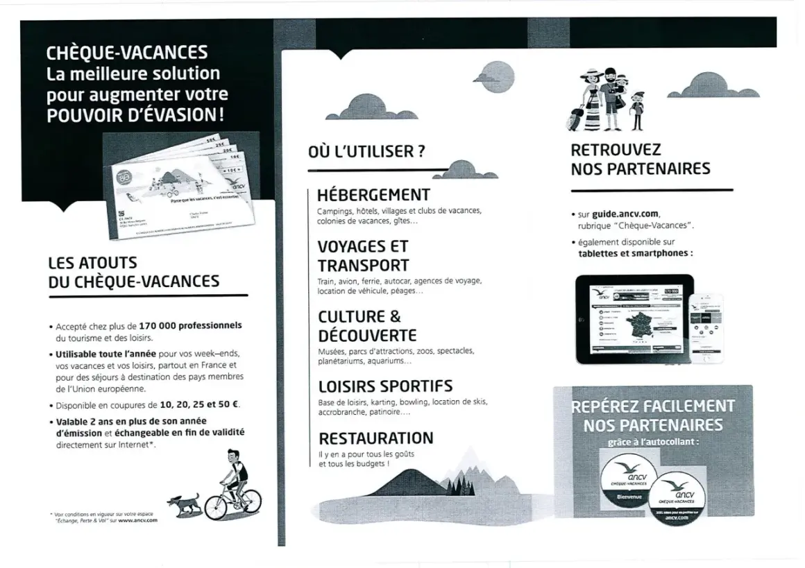 Chèques-Vacances pour vos loisirs, voyages, hébergements, culture, sports et restauration. Idéal pour les péages et autres dépenses.