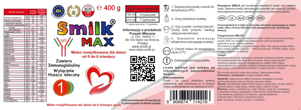 Smilk MAX - mleko modyfikowane dla niemowląt od 0 do 6 miesięcy, zawiera immunoglobuliny. Dlaczego wycofany? Brak informacji.