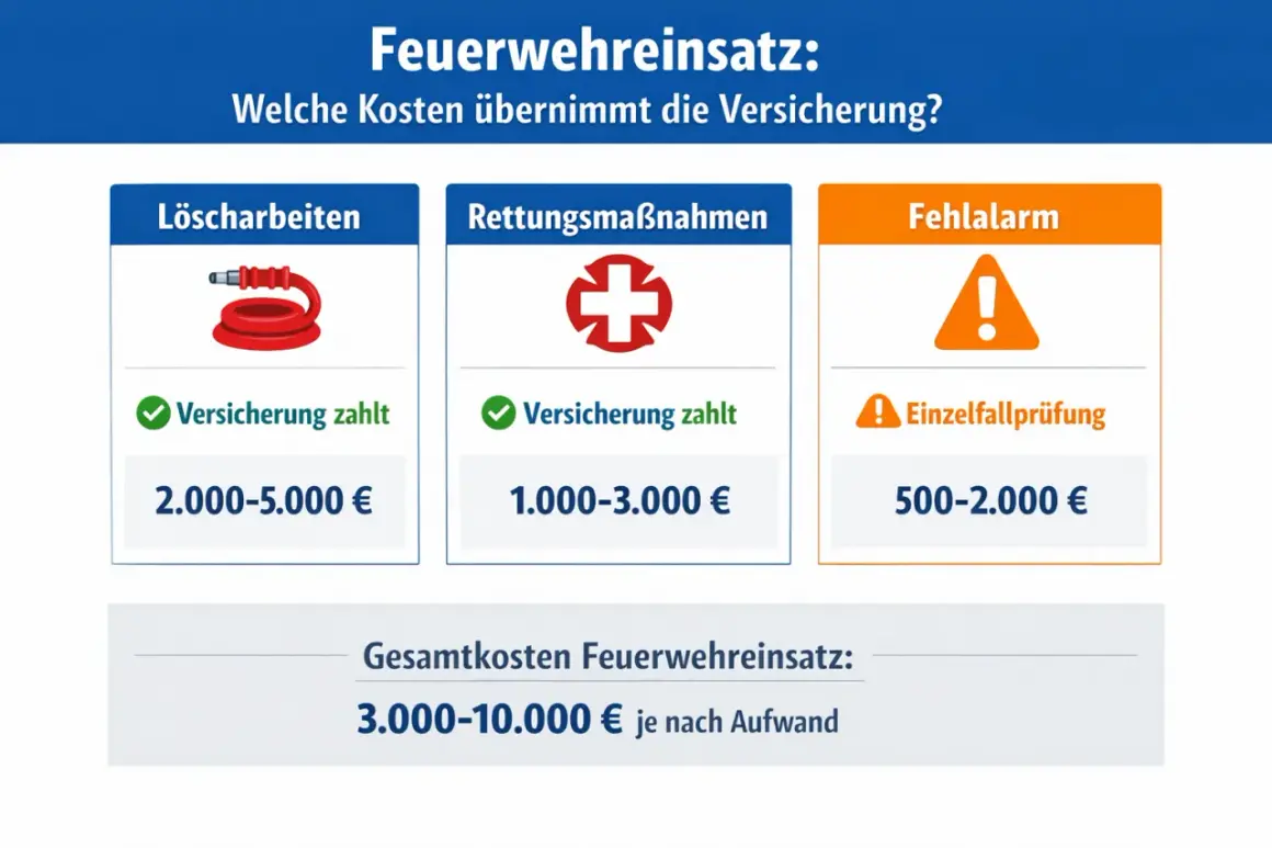 Grafik zeigt Kostenübernahme bei Feuerwehreinsätzen: Löscharbeiten (2-5k€), Rettungsmaßnahmen (1-3k€), Fehlalarm (0,5-2k€). Finanzielle Hilfe nach Brand ist oft durch Versicherung abgedeckt.