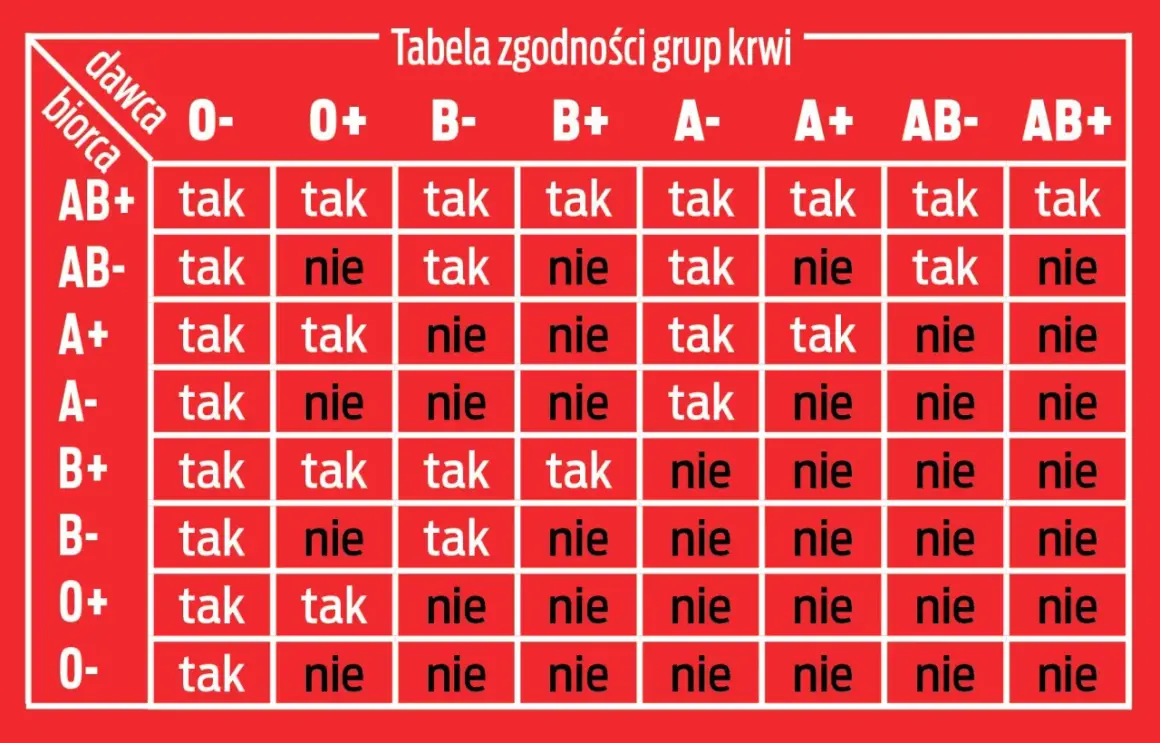 Tabela zgodności grup krwi. Pokazuje, które grupy krwi są kompatybilne przy transfuzji.