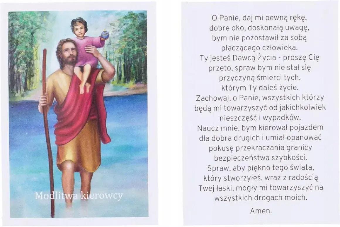 Ilustracja do modlitwy kierowcy: św. Krzysztof z Dzieciątkiem Jezus na ramionach, trzymający laskę.