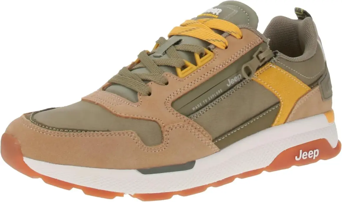 Scarpe Jeep uomo in camoscio e tessuto tecnico, color kaki e cuoio, con zip laterale e lacci gialli. Perfette per ogni avventura.