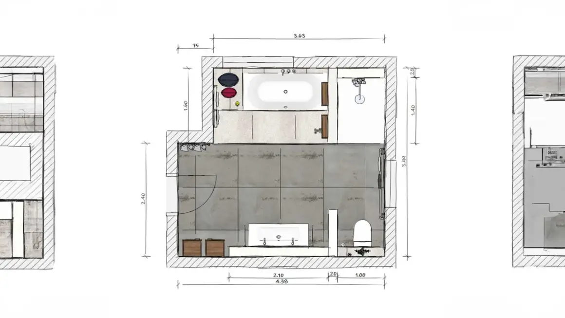 Grundriss eines modernen Badezimmers mit Badewanne, Dusche, Doppelwaschbecken und Toilette. Graue Fliesen und Holzakzente.