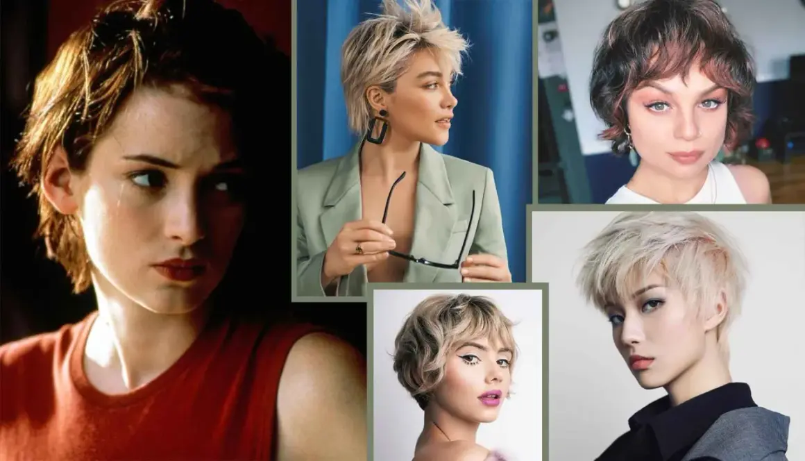 Collage di donne con diverse pettinature capelli corti: pixie cut, shag, e tagli sfilati.